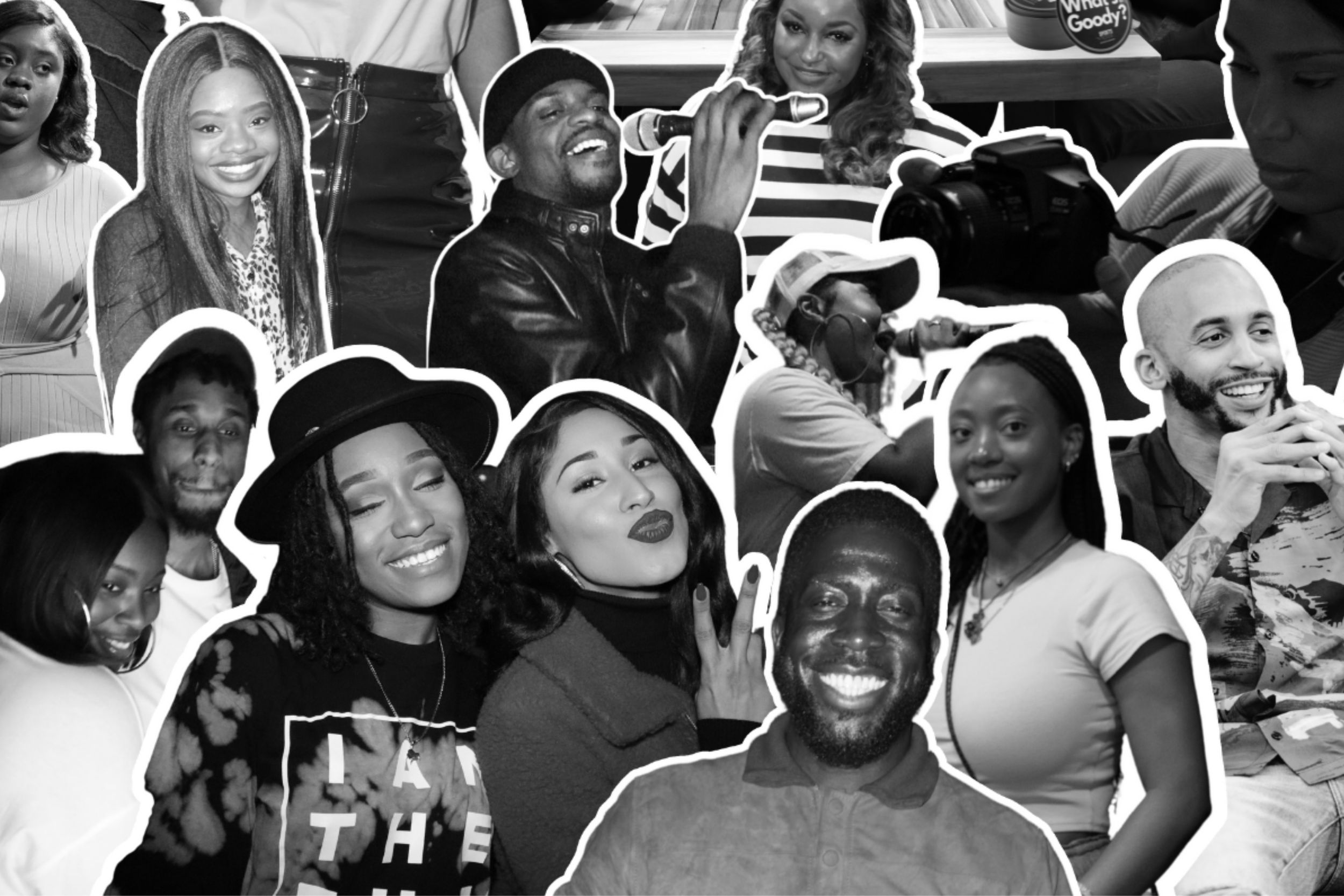 Collage of various people in black and white, smiling and engaging in different activities, with white outline around each person.
