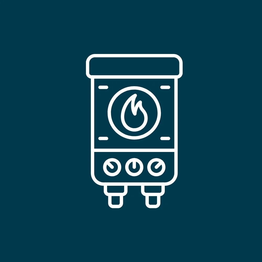 Line drawing of a hot water heater or boiler with a flame symbol on it, indicating heating or hot water supply.