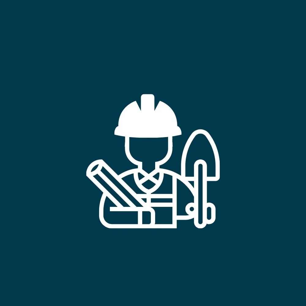 Icon of a construction worker wearing a helmet, holding a blueprint, with a shovel nearby, on a dark blue background.