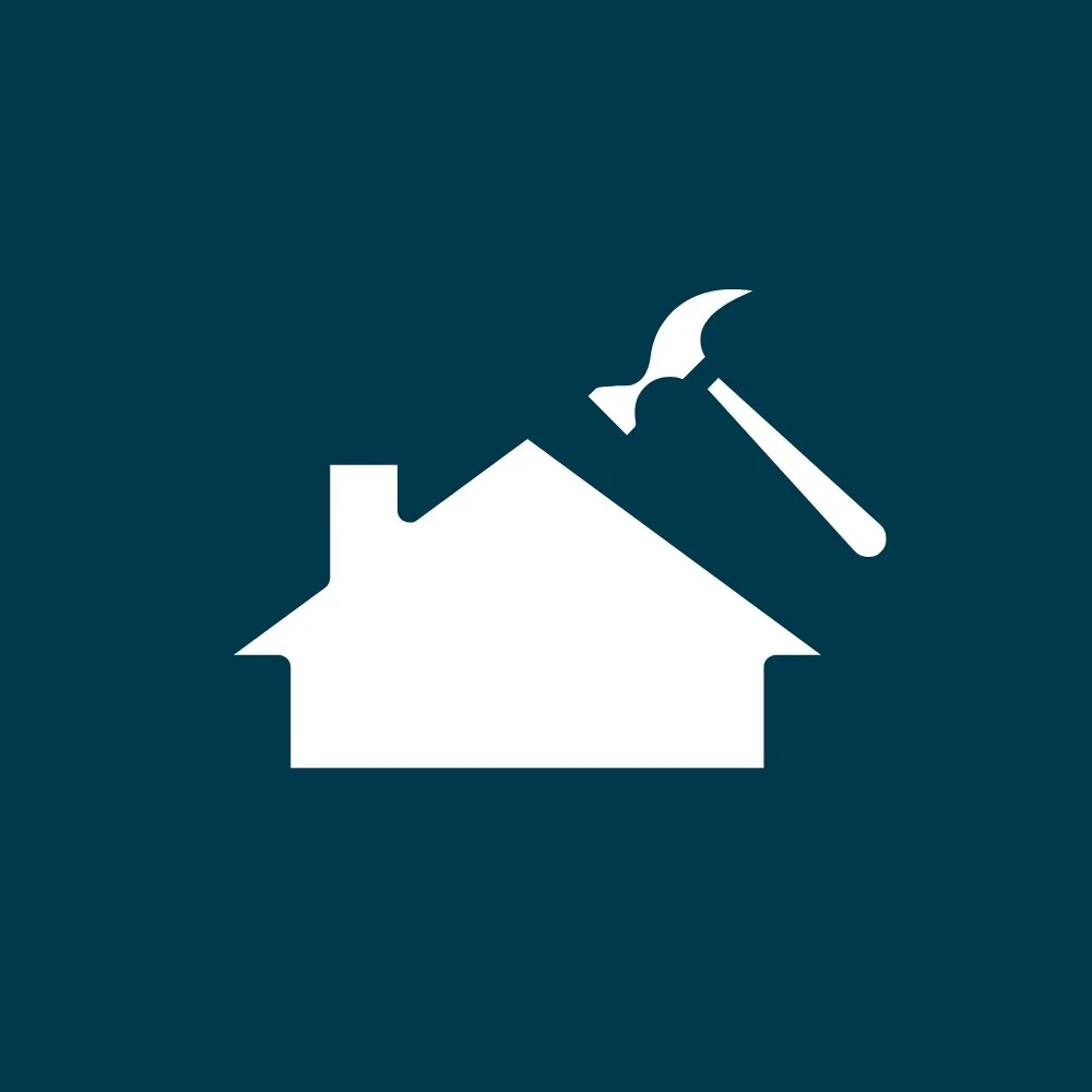 House icon with a hammer and axe crossed above it, indicating home repair or maintenance.