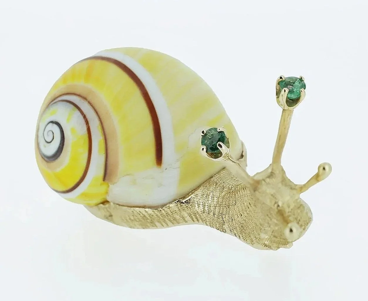 Mid-Century, 14K Yellow Gold, Shell, and Emerald Snail Brooch