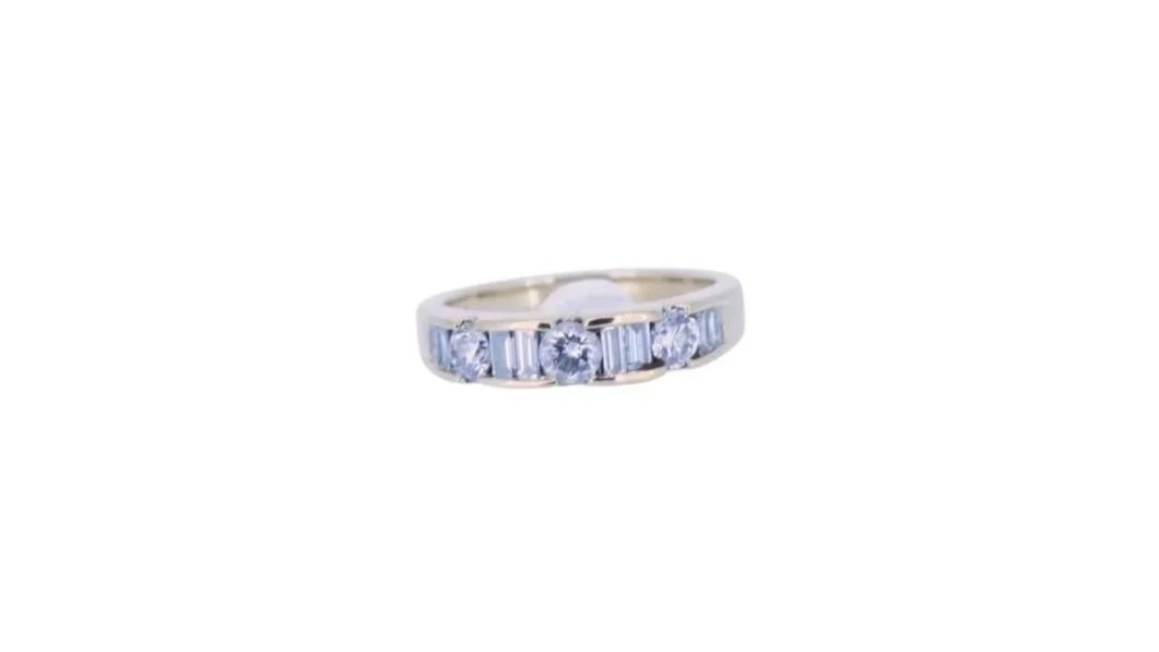 14K Yellow Gold, Earth-Born, Round Brilliant Cut Diamond, and Baguette Cut Diamond Band Ring.