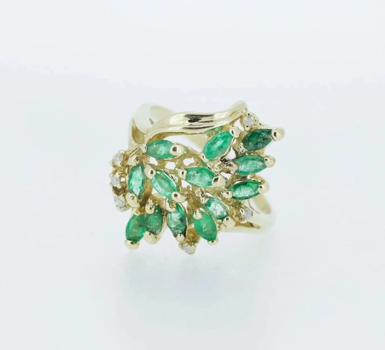 14K Yellow Gold, Emerald, and Diamond Cluster Cocktail Ring