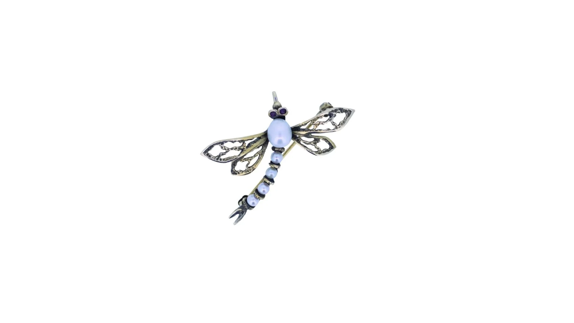 14K Yellow Gold, Round Faceted Red Spinel, and Freshwater Pearl Dragonfly Brooch.