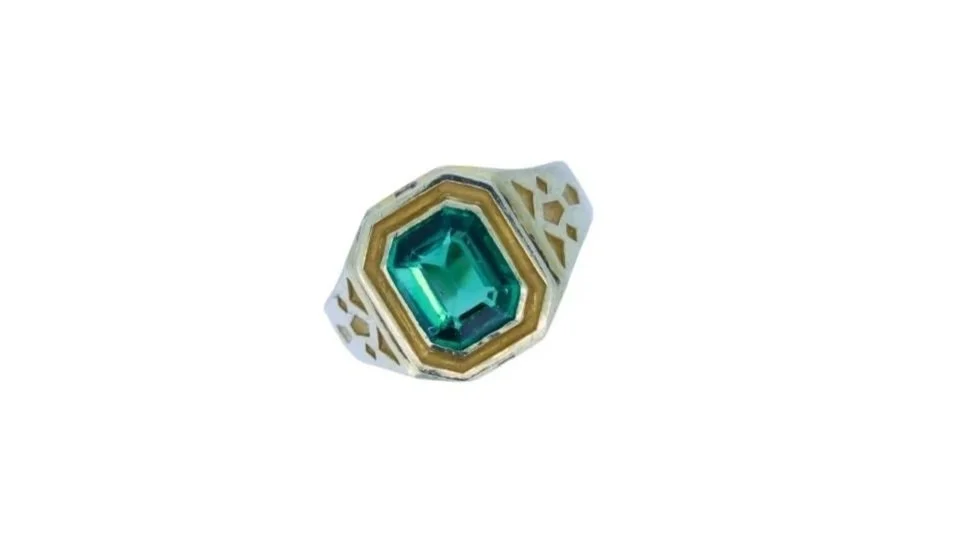 10K Yellow Gold, Double-Bezel, Emerald Cut Tsavorite Garnet and Quartz Doublet Signet Ring