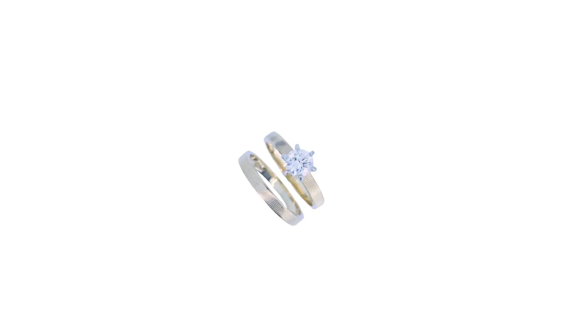14K Engine-Turned Yellow Gold and Diamond Solitaire Ring with Matching Band Ring