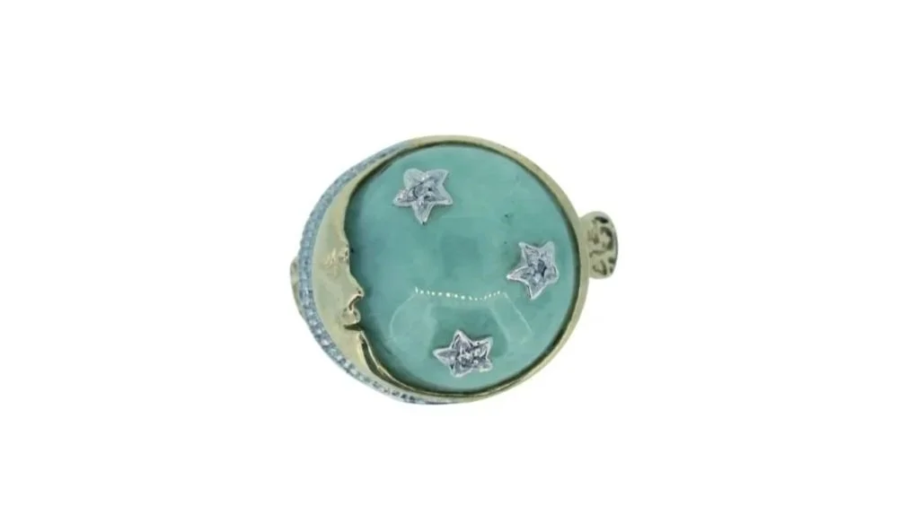 14K YG Jadeite and Single Cut Diamond Ring with Star and Moon Motifs.