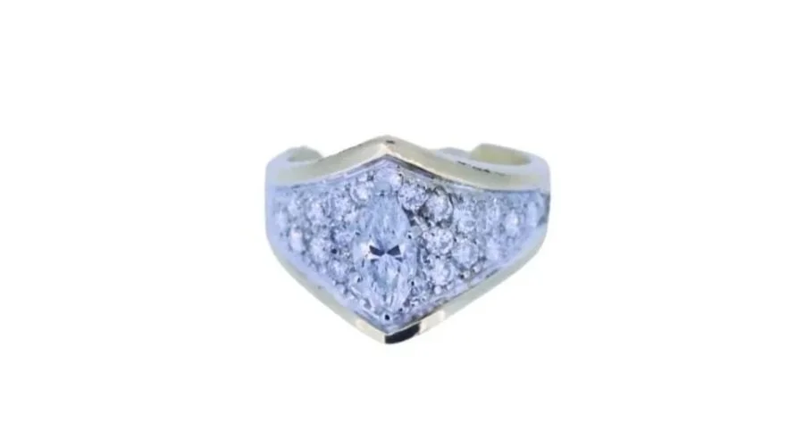 18K YG and Diamond Engagement Ring, Pave Set with Round Brilliant Cut Diamonds and One Marquise Brilliant Cut at Center.