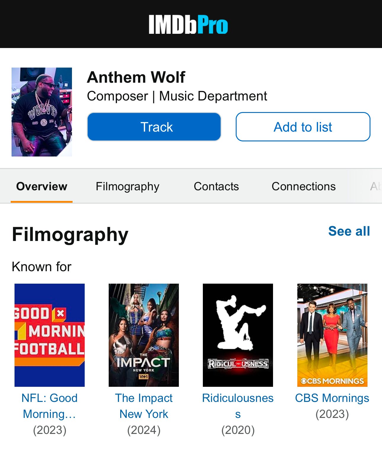 IMDbPro profile of Anthem Wolf, Grammy-member composer and producer, highlighting credited music placements across television and media, including NFL: Good Morning Football, Ridiculousness, CBS Mornings, and The Impact New York.