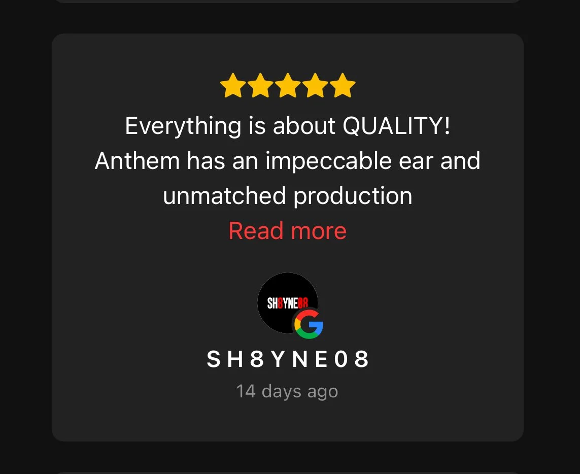 Verified five-star testimonial from a collaborating artist praising Anthem Wolf’s production quality, creative direction, and professional studio experience.