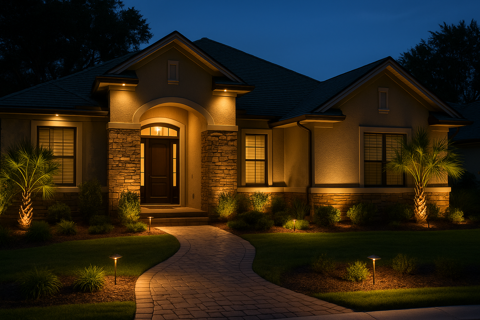 Night view of a house with exterior lights illuminating the front entrance and landscaping, including palm trees and pathway lighting.