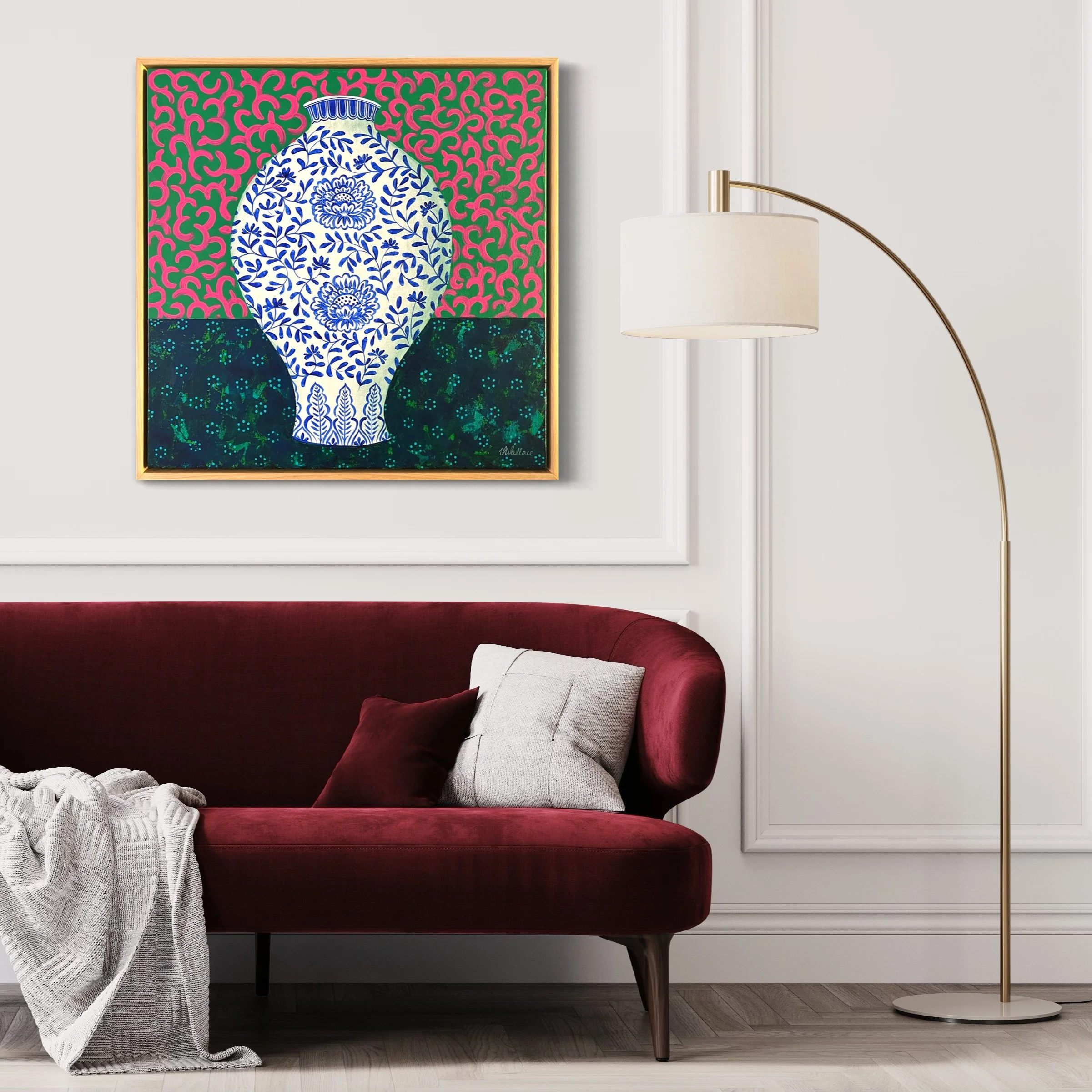 A highly decorative and graphic still life painting of a patterned vase against a decorative background by Vanessa Wallace