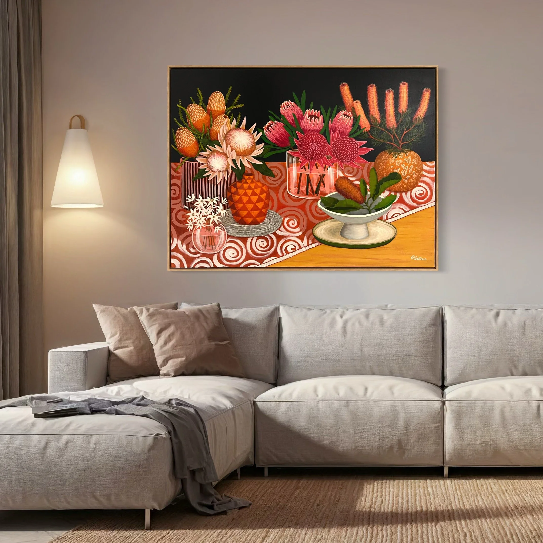 Original still life painting by Vanessa Wallace hanging in a moody living room setting