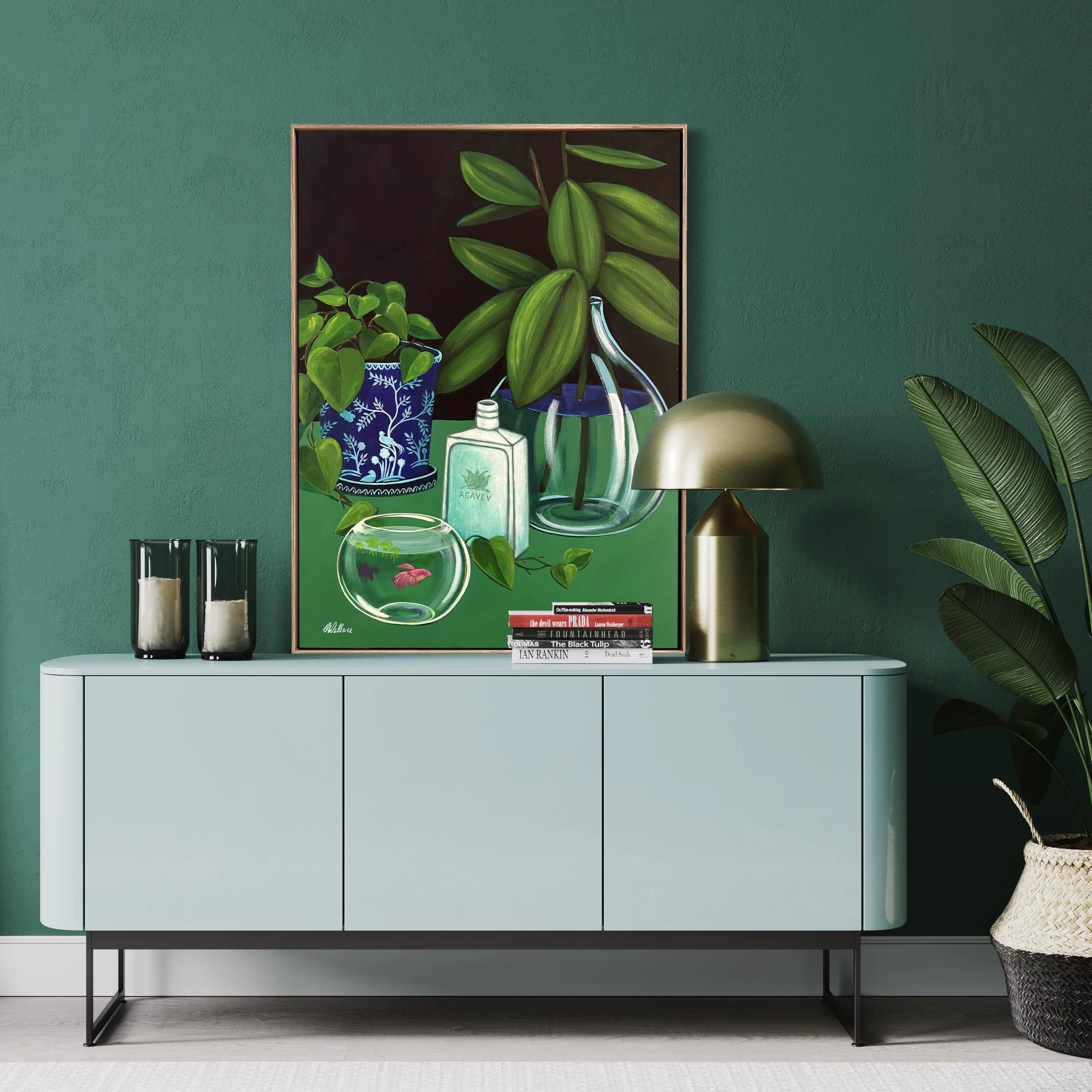 A moody still life painting by Vanessa Wallace of a collection of items on a green background