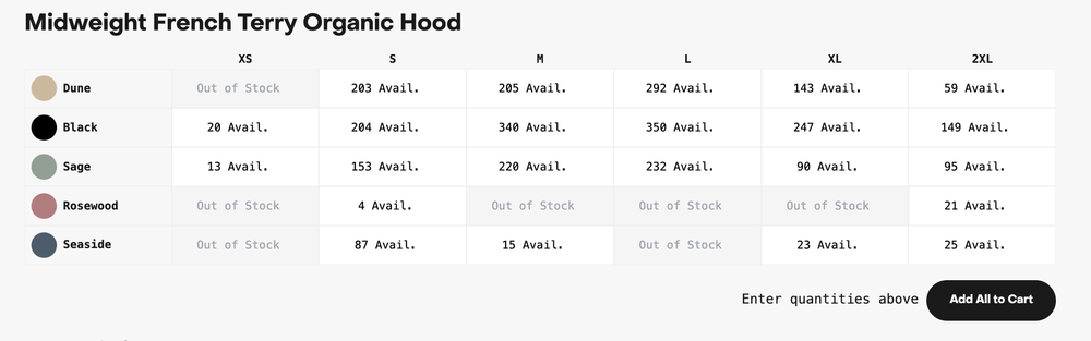 Midweight French Terry Organic Crew size & color chart