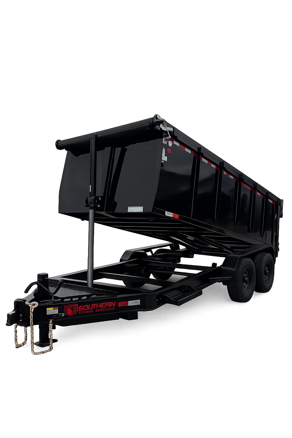 Black 7x14 dump trailer with 4-foot high steel sides, 14,000 lb GVWR, heavy-duty tandem axles, telescopic dump bed, and reinforced frame