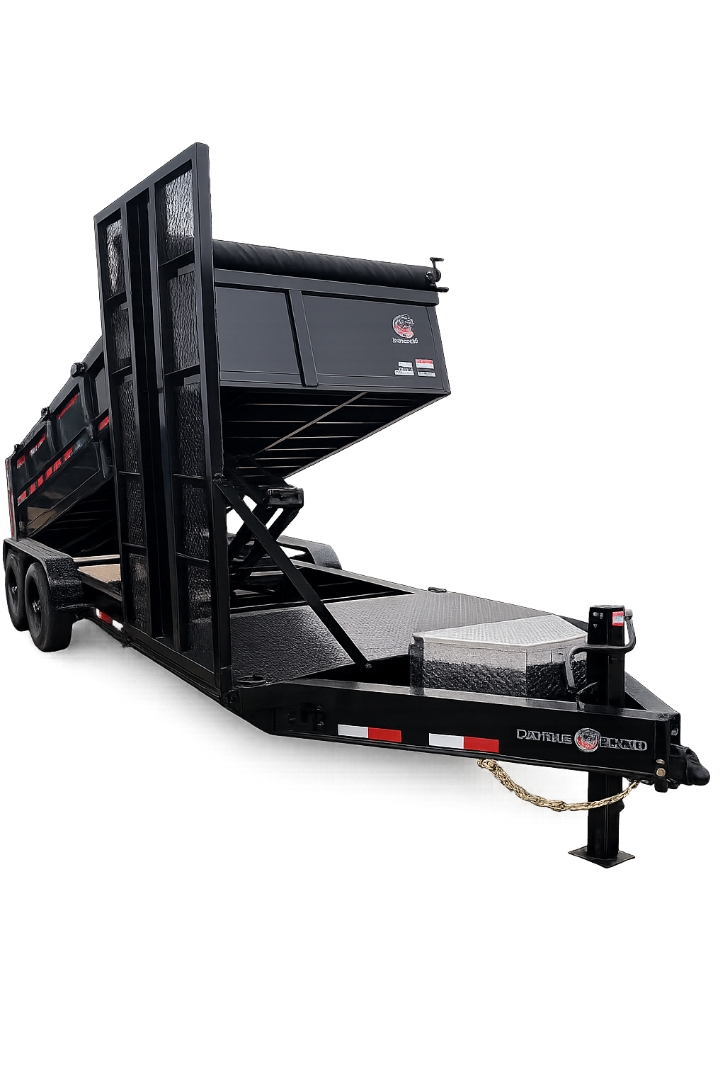 Black 7x20 hybrid dump trailer with 2' steel sides, tandem axles, heavy-duty frame, and hydraulic hoist