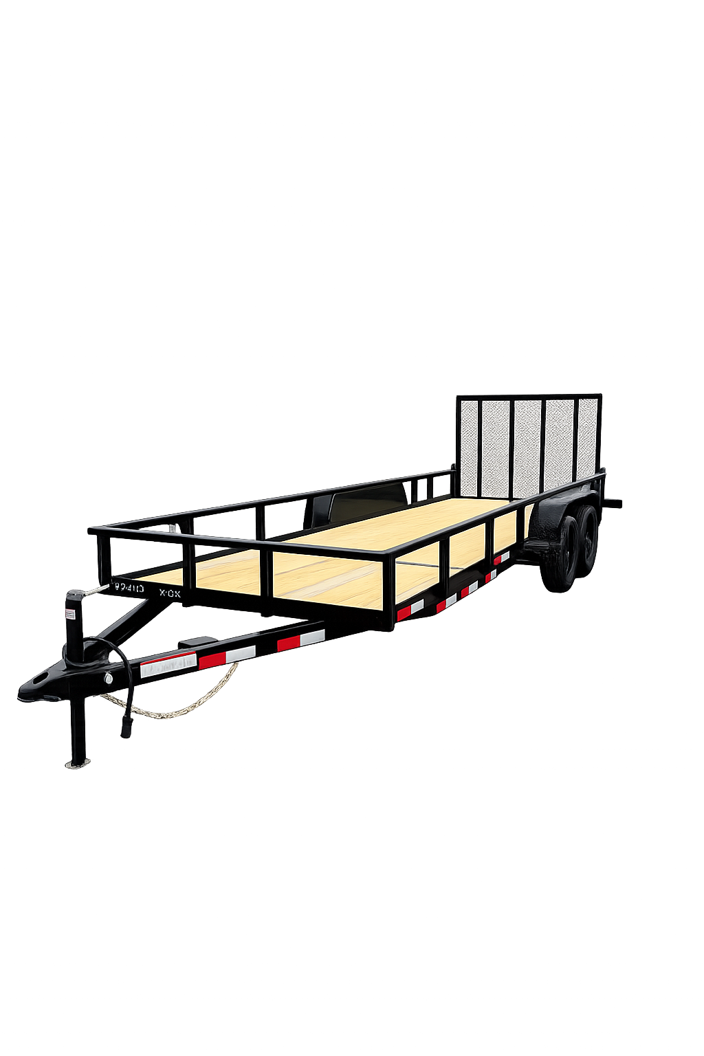 7x20 utility trailer with wood deck, tandem axles, and heavy-duty steel frame