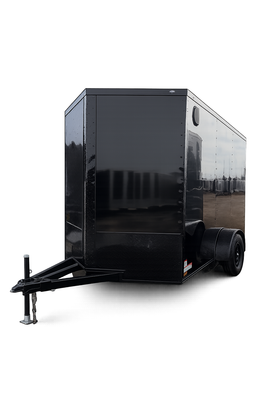 6x12 enclosed cargo trailer with black steel frame and rear ramp door