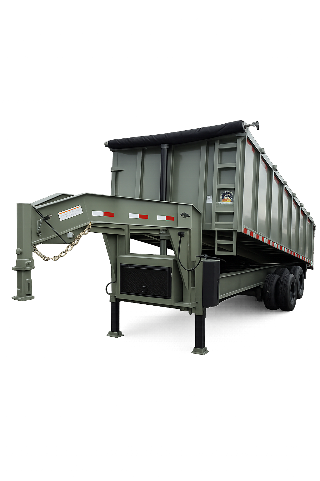 Army green 8.5x20 gooseneck dump trailer with 4-foot high steel walls, 20,000 lb GVWR, hydraulic dump bed, and tandem axles