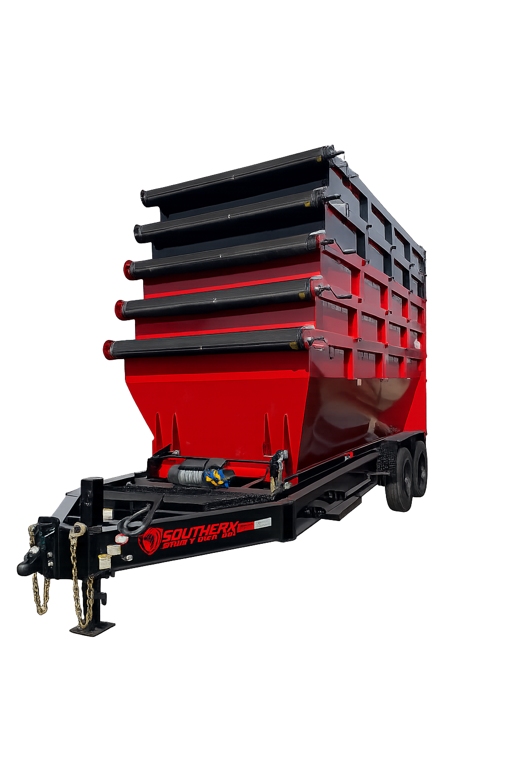 7x14 roll-off trailer with three removable bins, 14,000 lb GVWR, designed for debris and material hauling
