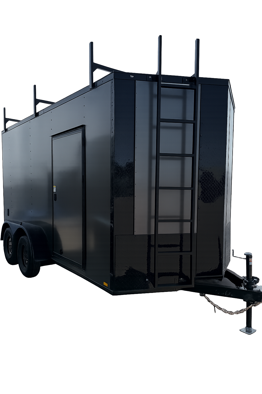7-wide enclosed cargo trailer featuring black steel frame and rear ramp door