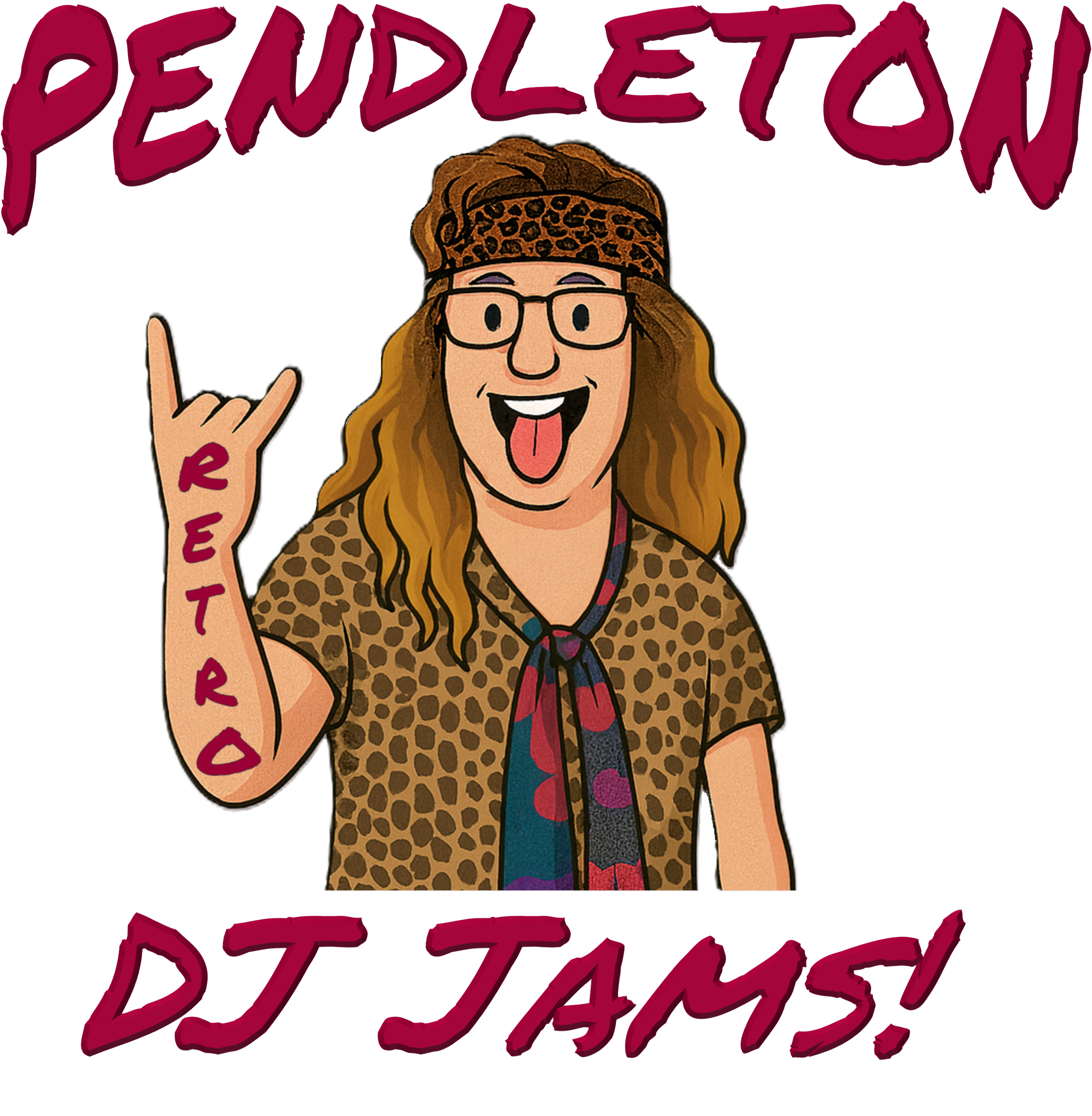 Cartoon illustration of a man with long wavy hair, glasses, and a leopard print headband, wearing a leopard print shirt and a colorful scarf, making a rock sign with h hand, with the text 'PENDLETON' at the top, and 'RETRO' at the bottom.