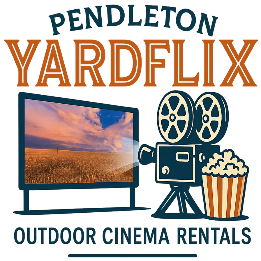 Logo for Pendleton Yardflix Outdoor Cinema Rentals featuring a movie projector, a film reel, a TV showing a sunset scene, a bucket of popcorn, and text.