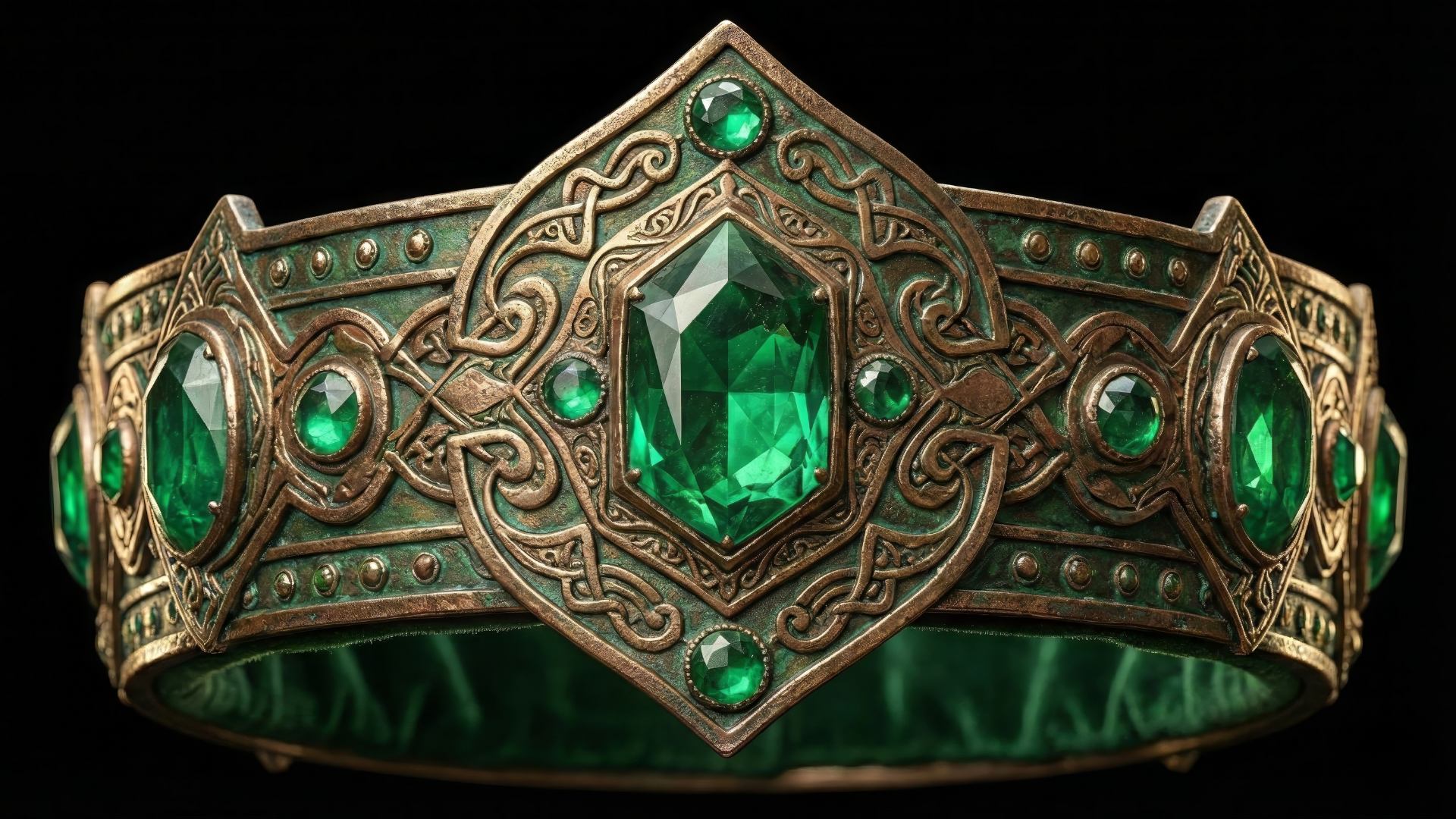 Ornate gold and green gemstone Crown with intricate Celtic knot designs and large emerald-colored stones, set against a black background.