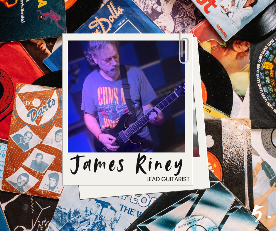 Polaroid-style photo of James Riney, a lead guitarist, playing an electric guitar on stage with blue lighting. The photo is overlaid on a background of vinyl records and album covers.