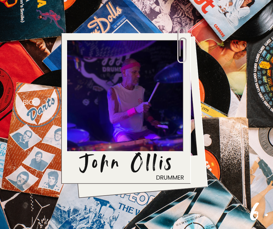 A polaroid-style photo of a drummer named John Ollis playing drums on stage, surrounded by various vinyl records and album covers.