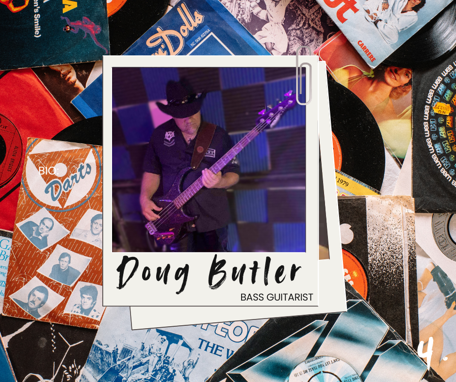 A collage of vinyl records and album covers with a Polaroid-style photo of a bass guitarist named Doug Butler, wearing a cowboy hat and playing a bass guitar, in the center.