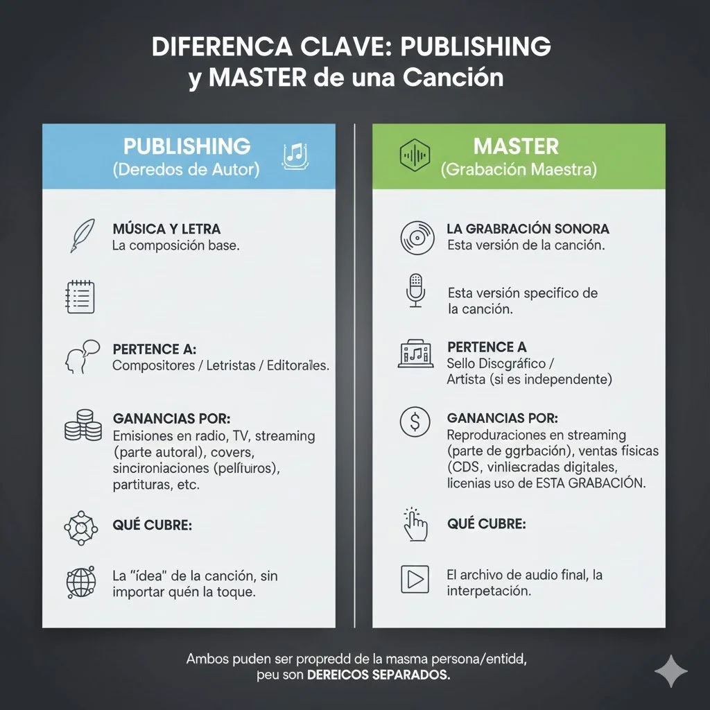 Comparación entre derechos de autor de publicación y maestría en la canción. La publicación incluye música y letra, pertenece a compositores, letristas o editoriales, y cubre la idea de la canción sin importar quién la toque. La maestría cubre la grabación sonora de la canción, pertenece a un sello discográfico o artista independiente, y cubre la interpretación final y archivos de audio. Ambos derechos son separados.