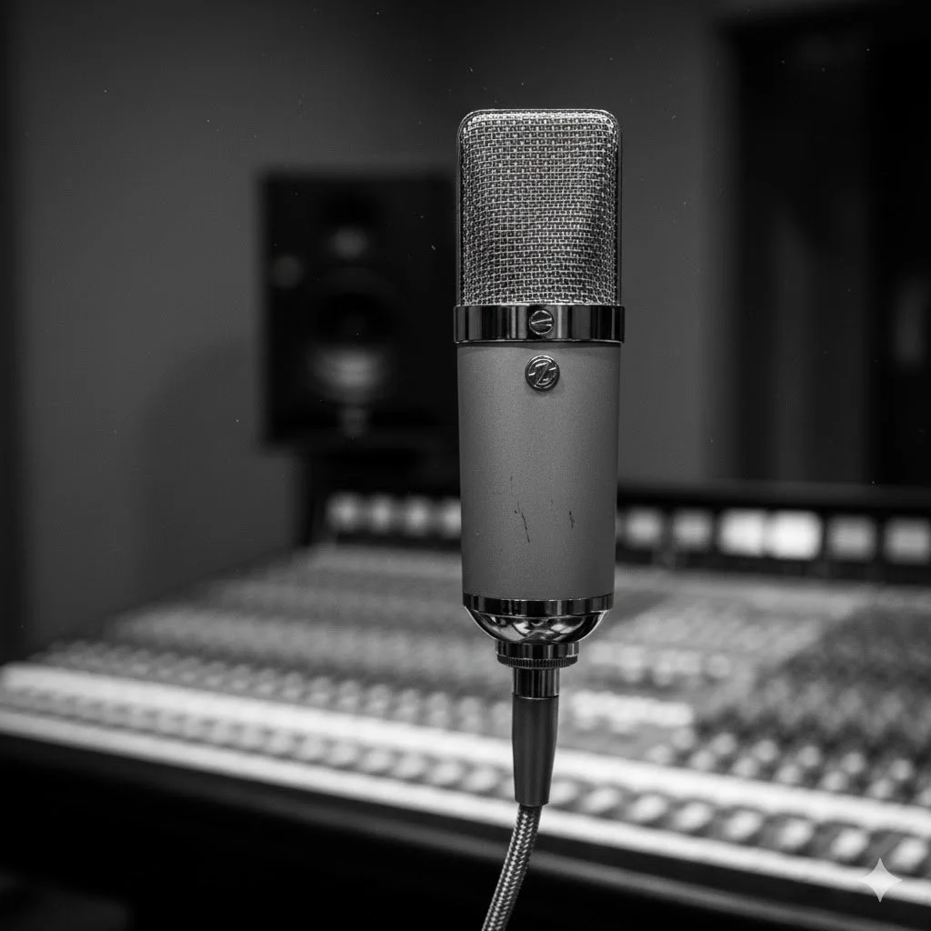 Un micrófono de estudio en primer plano en una sala de grabación, con equipo de audio visible en el fondo.