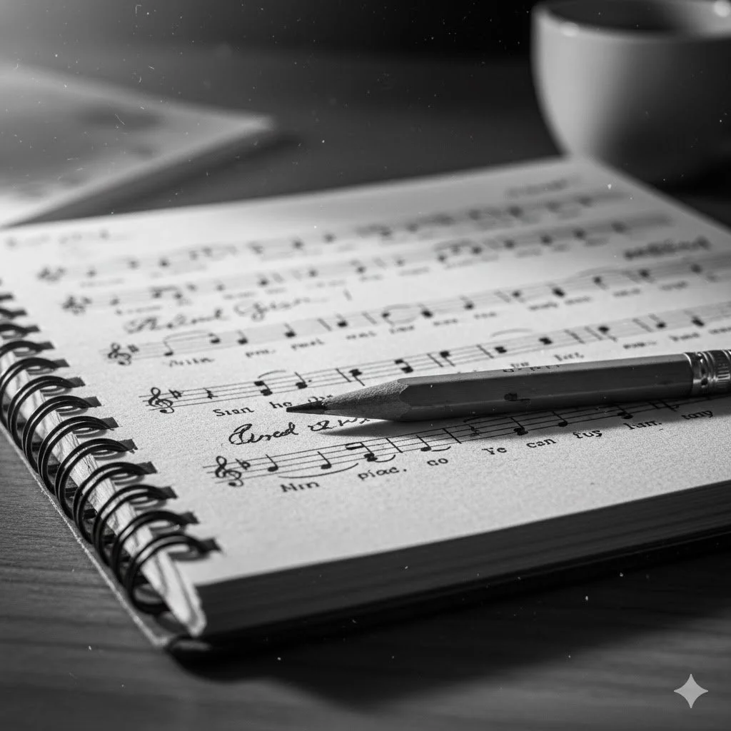Cuaderno con partituras musicales y un bolígrafo sobre las notas. En el fondo, una taza y una superficie plana.