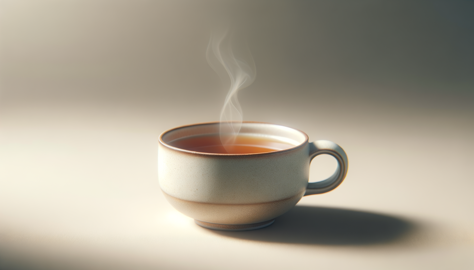 A ceramic cup filled with steaming hot tea on a neutral surface with shadow to the right.