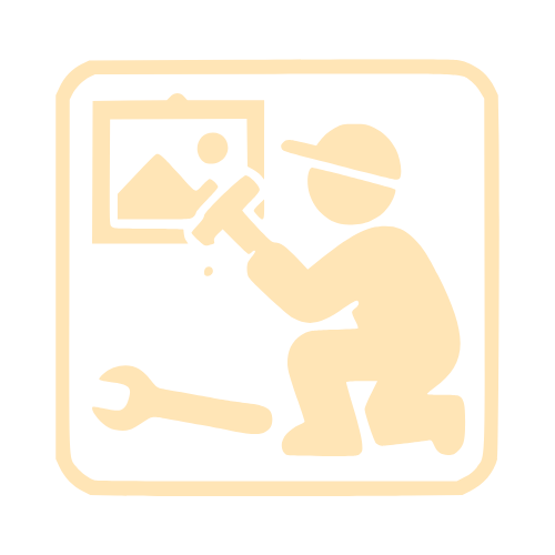 Silhouette of a person wearing a cap, kneeling and using a hammer on a wall with a framed picture, with a wrench lying nearby.