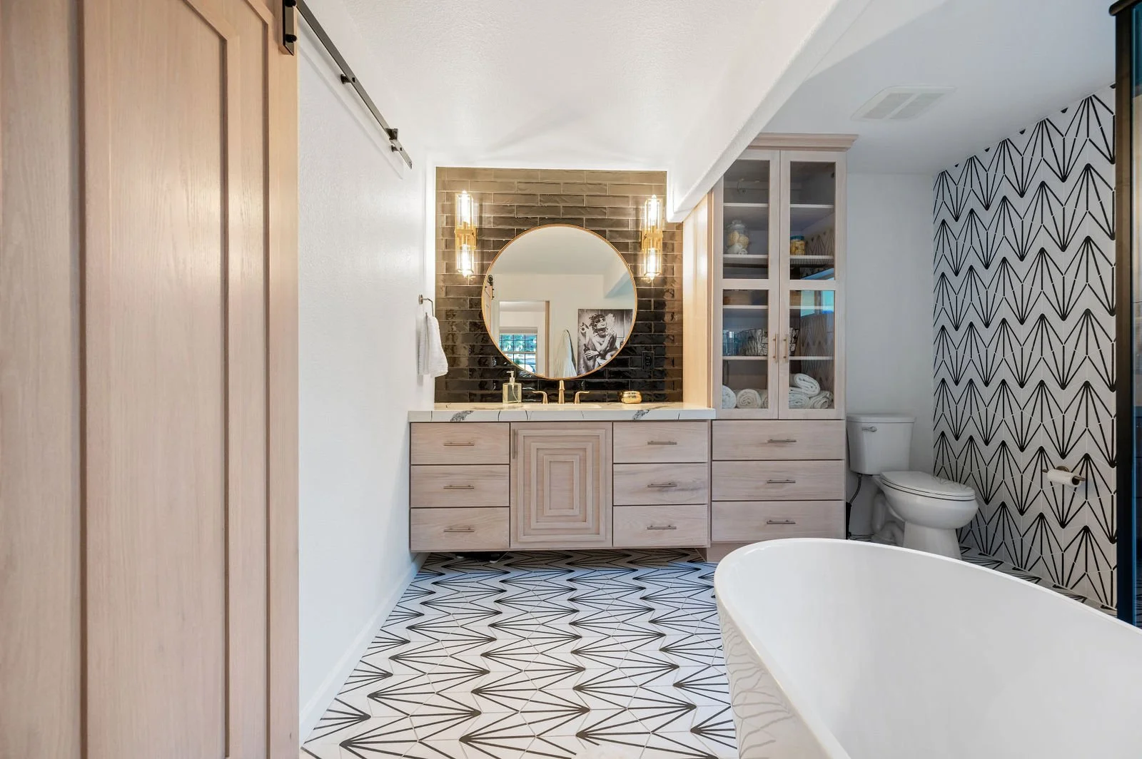 Professional real estate photography-Straight on of custom cabinetry in master bath. 