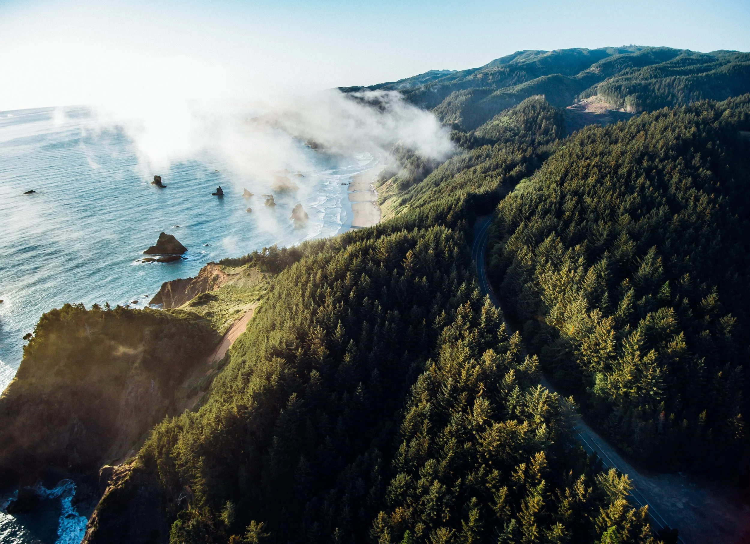 Aerial view of a beach with rocks in the ocean, fog rising from the shoreline, dense green forest on hills, and a winding road through the trees.