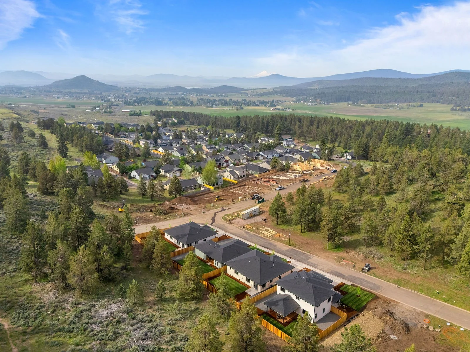 Professional real estate photography and drone imagery- Drone image of four homes in established neighborhood in Southern Oregon.