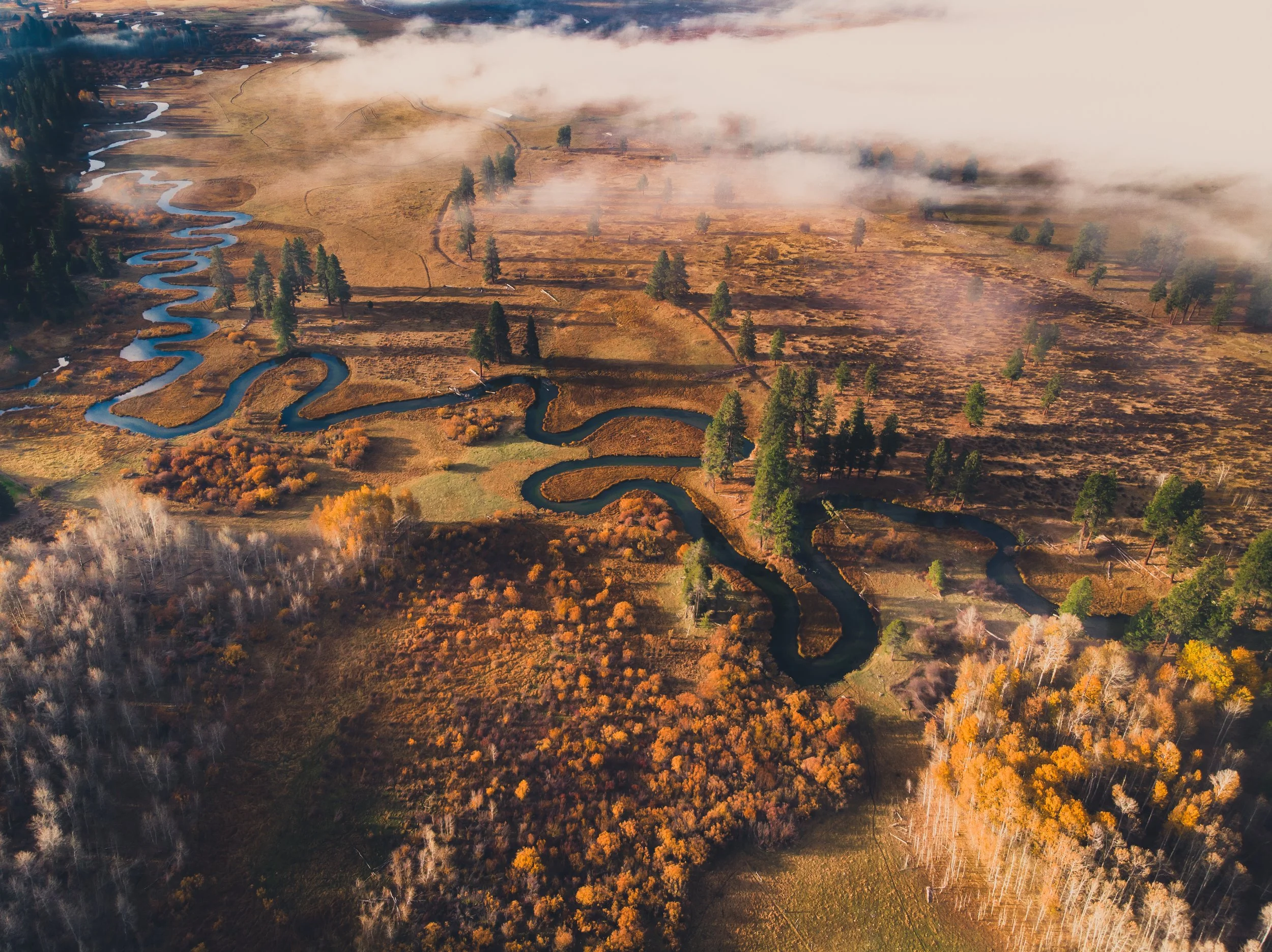 Aerial view of a winding river flowing through a fall landscape with trees, grass, and low clouds or fog.