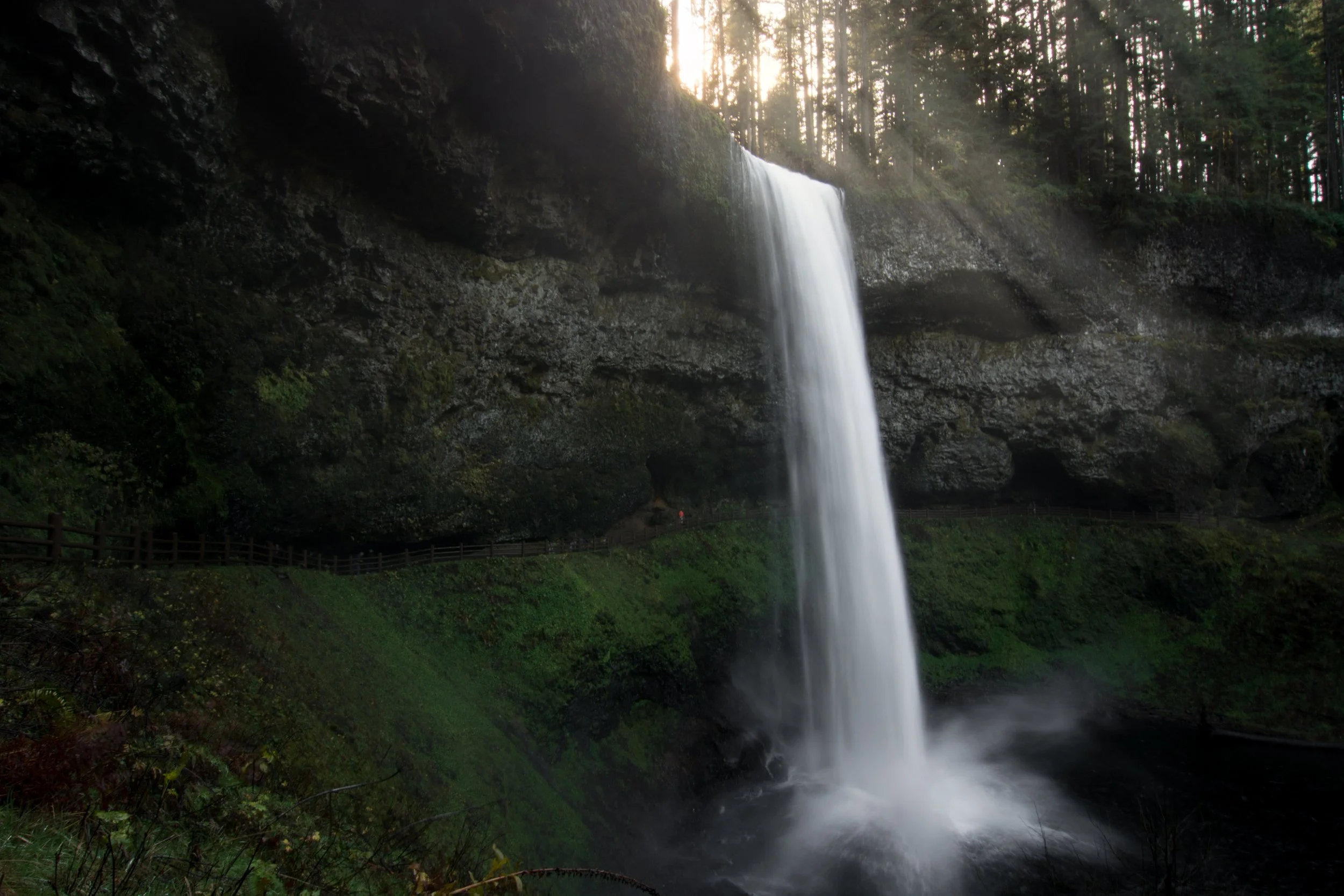 A tall waterfall cascading down a rocky cliff into a pool below, surrounded by lush green vegetation and tall trees in the background, with the sun setting behind the trees.