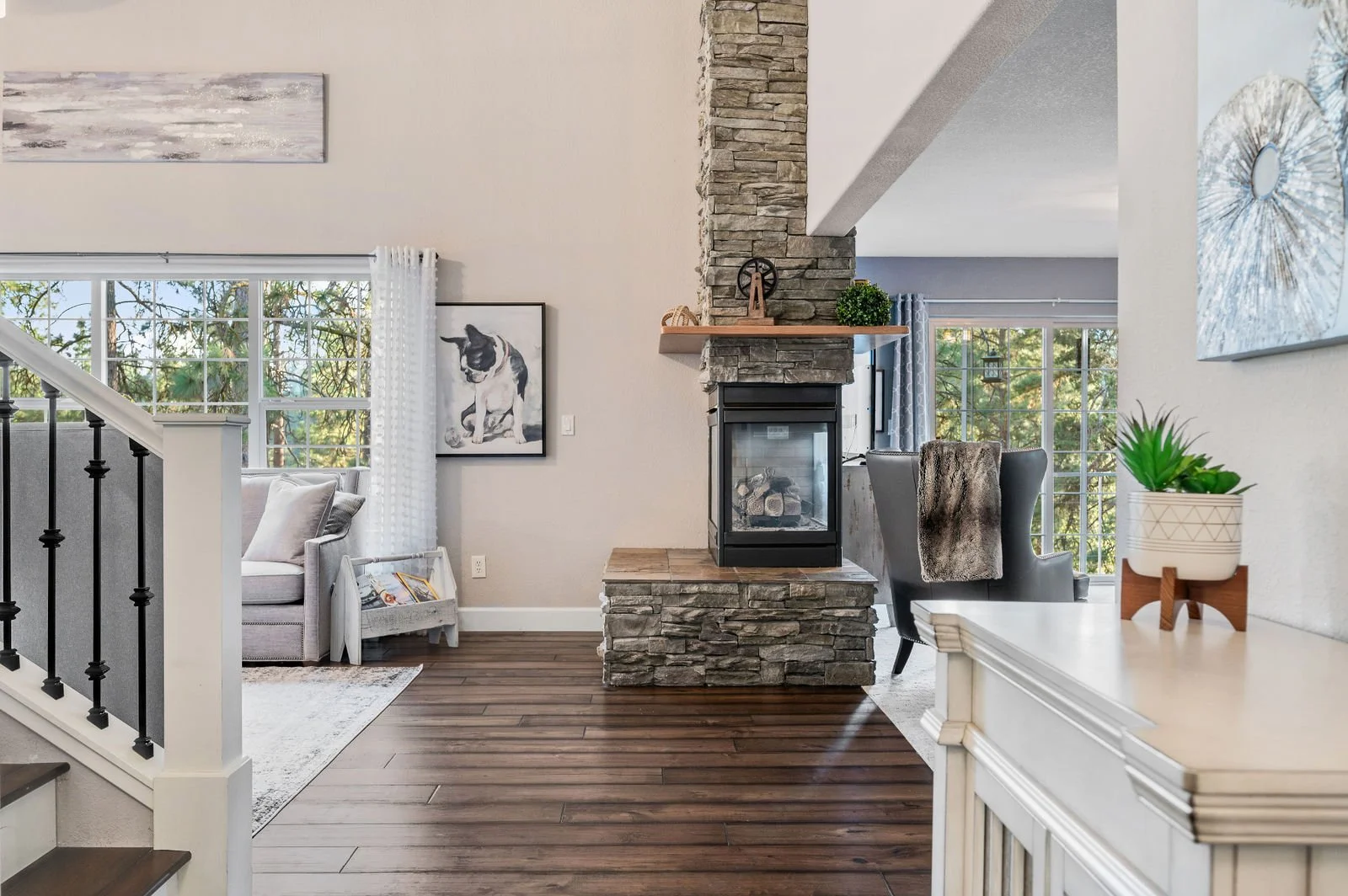 Professional real estate photography- Magazine style shot of common space and fireplace. 