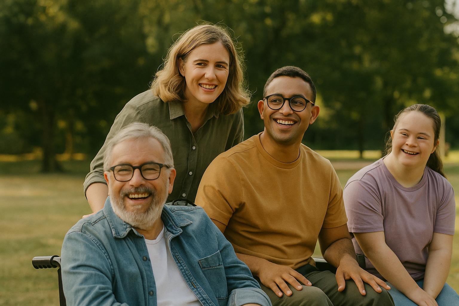 Group of four people outdoors in a park, smiling and enjoying each other's company.
