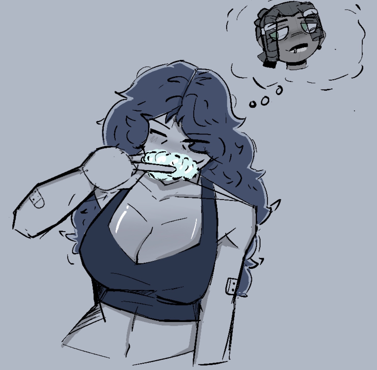 A cartoon-style drawing of a woman with long, wavy hair, wearing a sleeveless top, angry and crying while biting a spoon, with a thought bubble above her head showing a distressed woman with glasses and a headscarf.