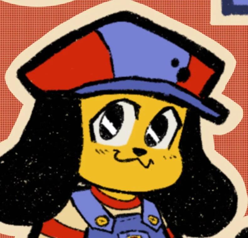 Cartoon character with yellow face, black hair, wearing a blue hat with red accents and a blue overall.