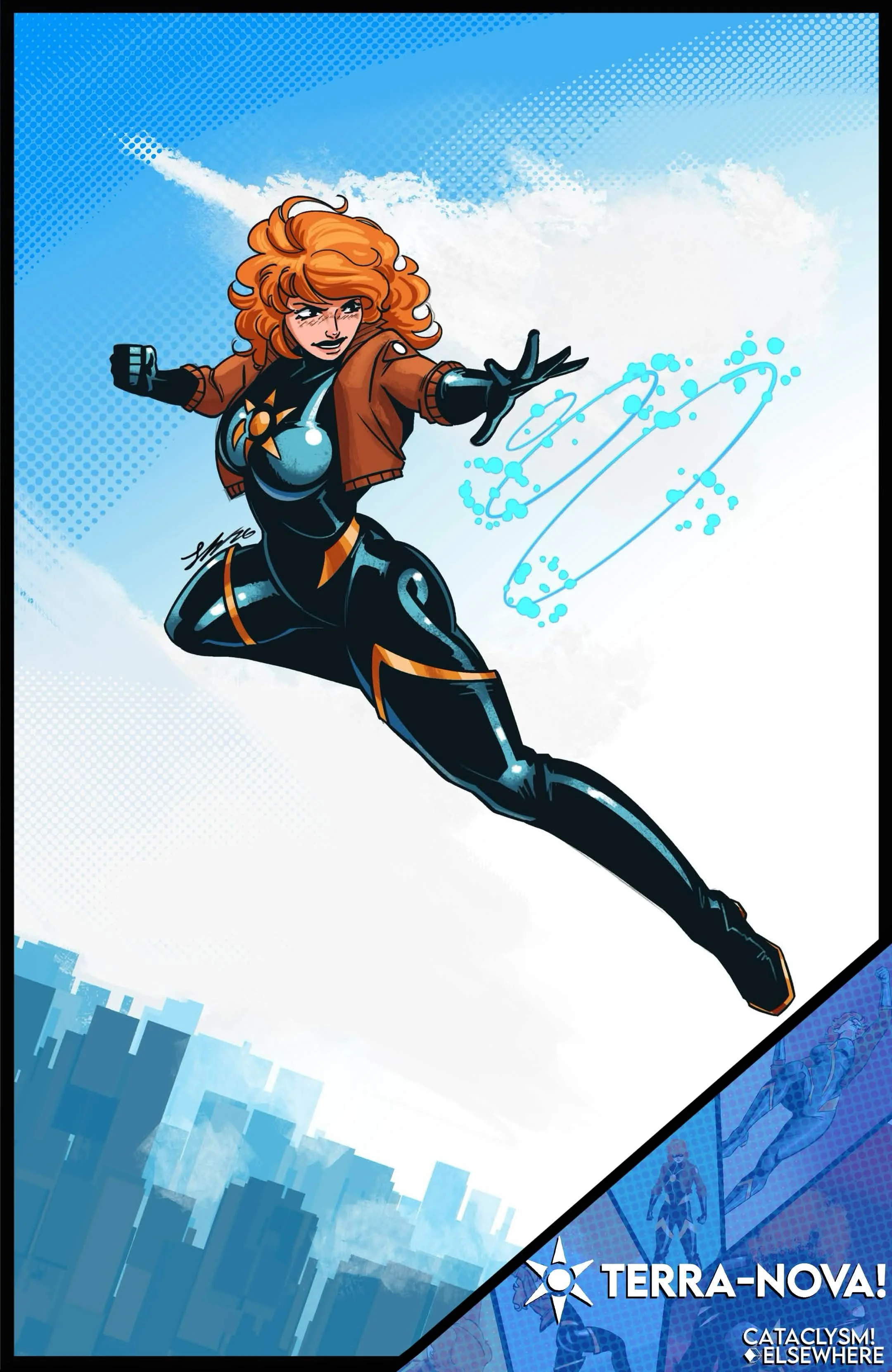 A comic-style illustration of a red-haired woman in a black and orange superhero suit, flying through a blue sky with clouds and pixelated cityscape below.