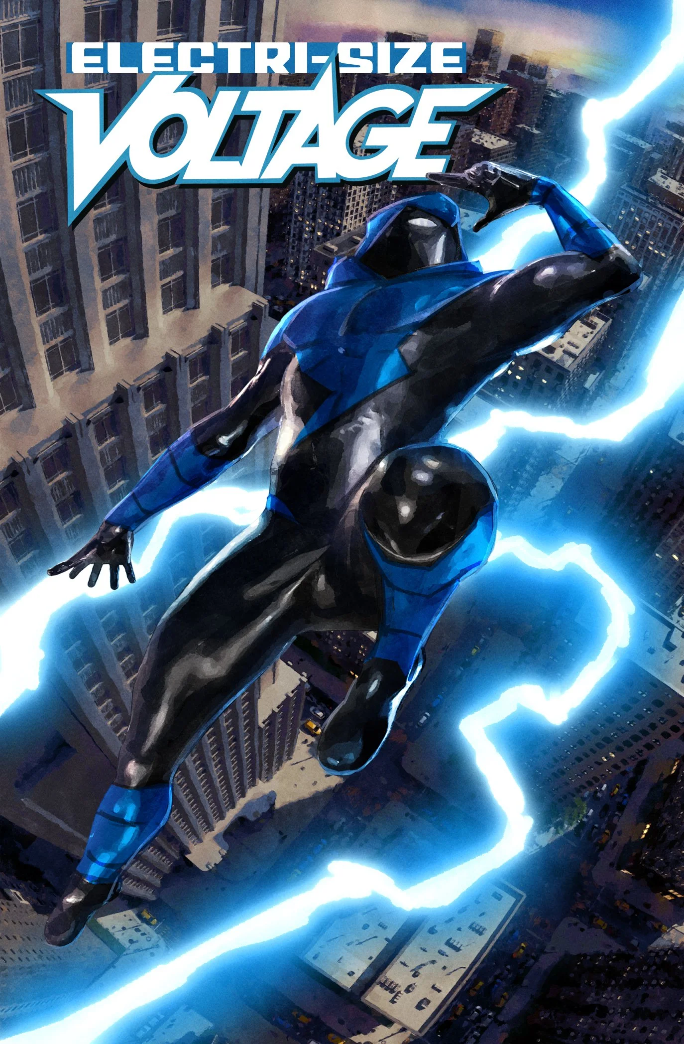 Comic book cover art featuring a futuristic superhero in blue and black suit mid-leap above a cityscape. Lightning surrounds the character, and the words 'Electrify, Size, Voltage' appear at the top.