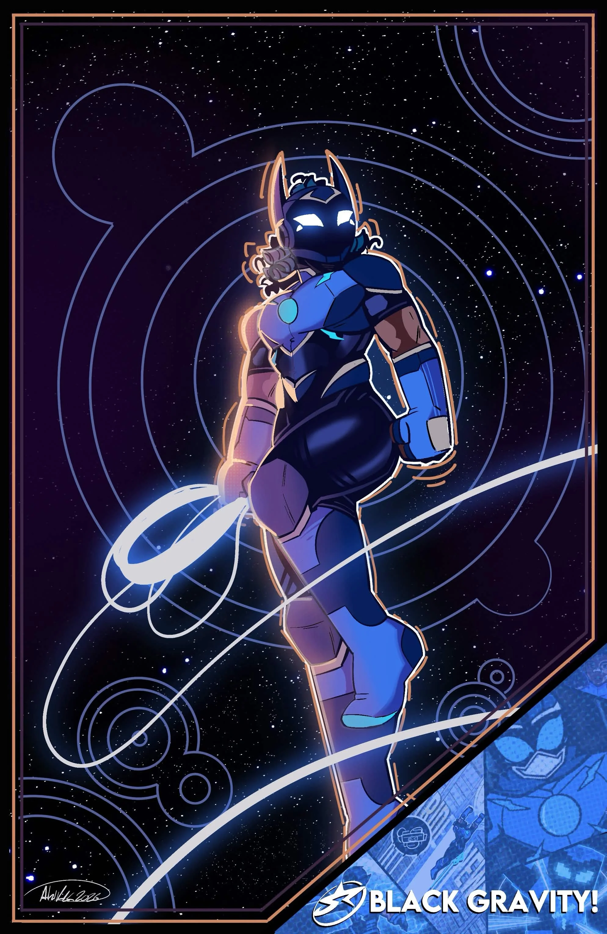 Digital illustration showing a character in futuristic attire, with blue braided hair, standing in a high-tech room with a starry space background. There is a computer and a chair on a desk, and the text "BLACK GRAVITY!" is at the bottom.