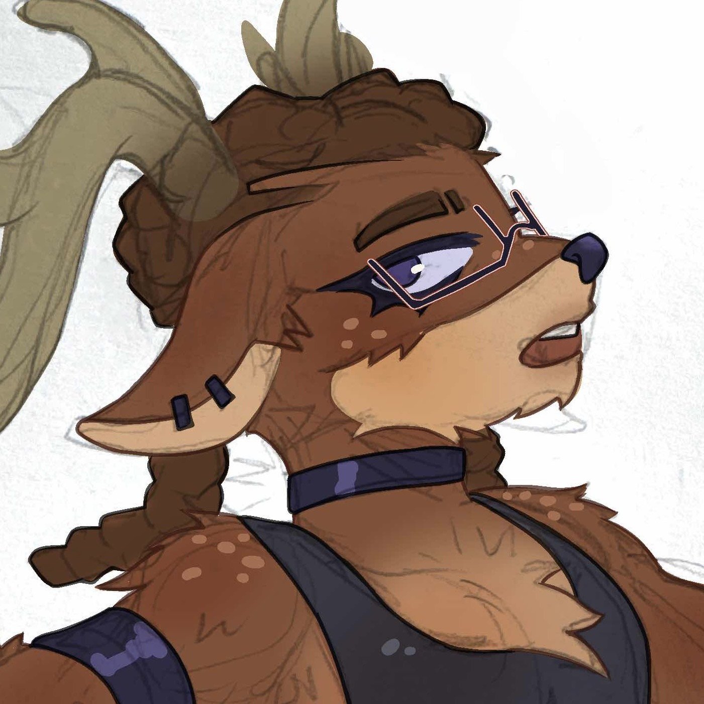 Illustration of an anthropomorphic female deer character with glasses, wearing a black tank top and a choker, lying on her back with her head tilted back and eyes half-closed.